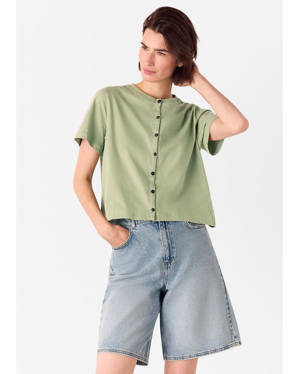 Whistles Green Round Neck Button Up Tee