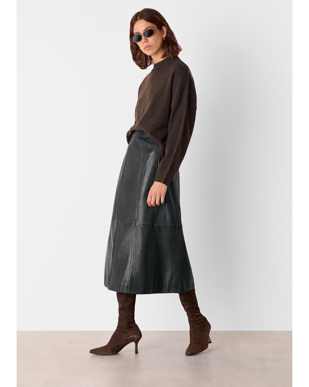 Whistles Black Burnished Leather Midi Skirt