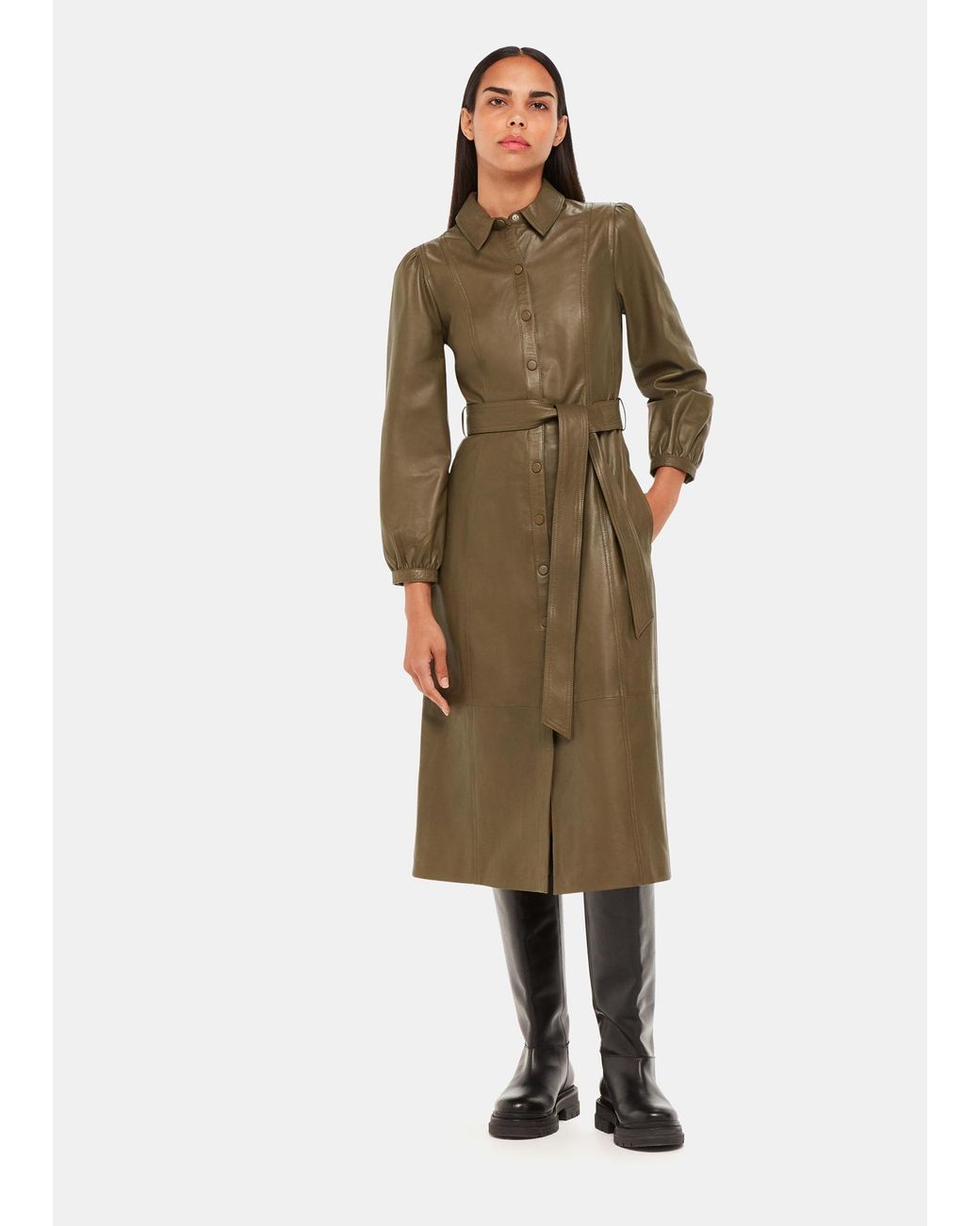 Whistles Green Phoebe Leather Shirt Dress