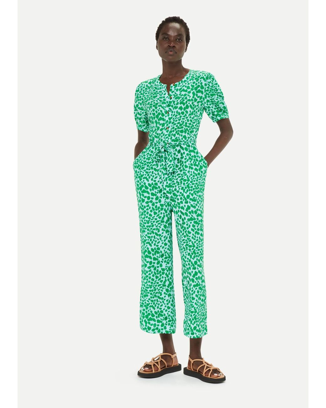 Whistles Green Smooth Leopard Print Jumpsuit
