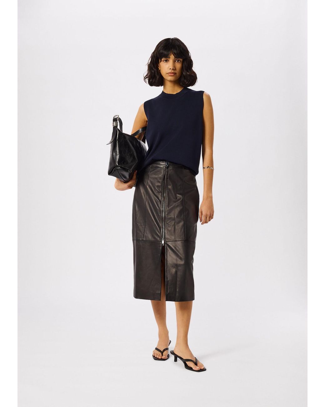 Whistles Black Zip Front Leather Pencil Skirt
