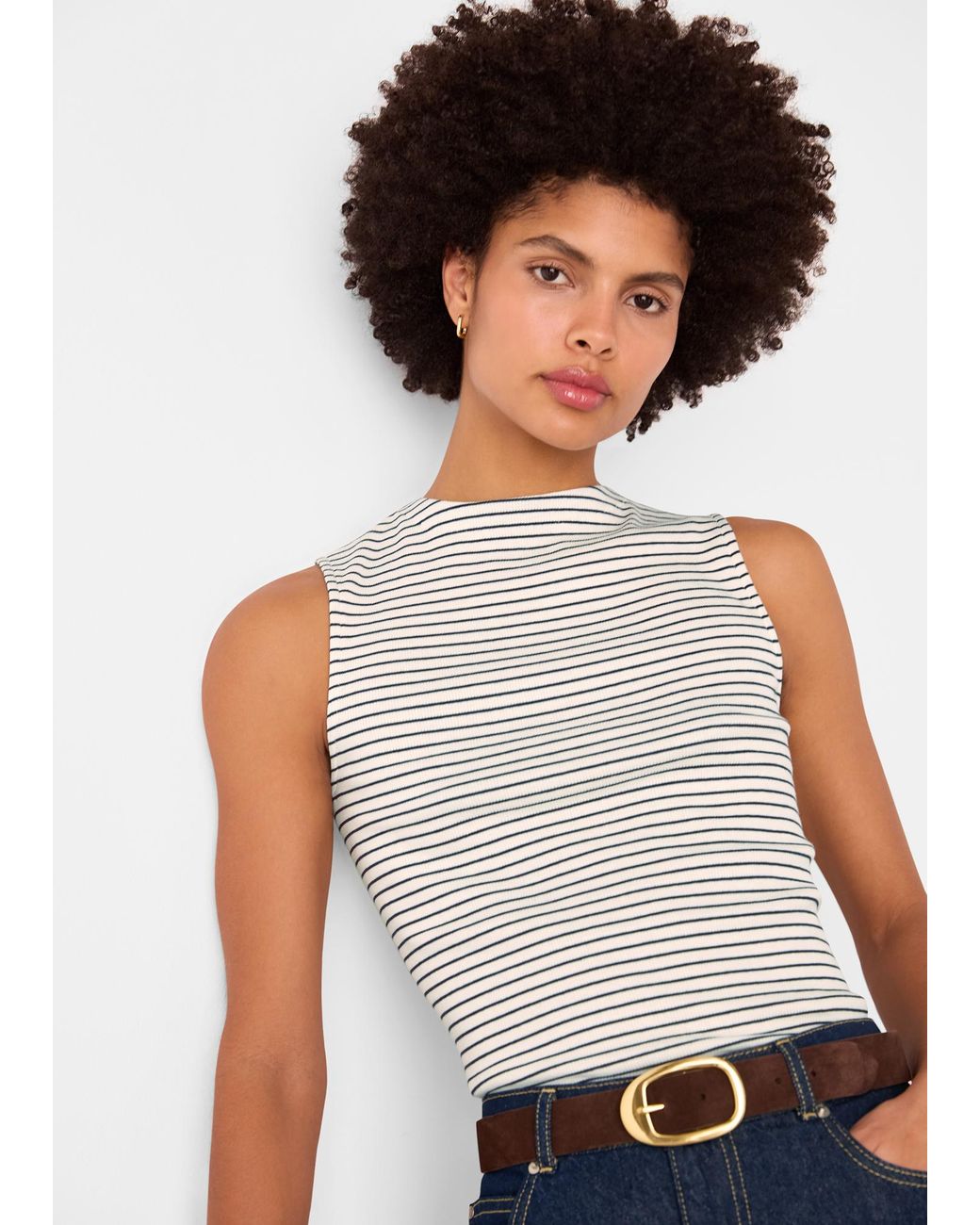 Whistles Gray Stripe High Neck Rib Tee
