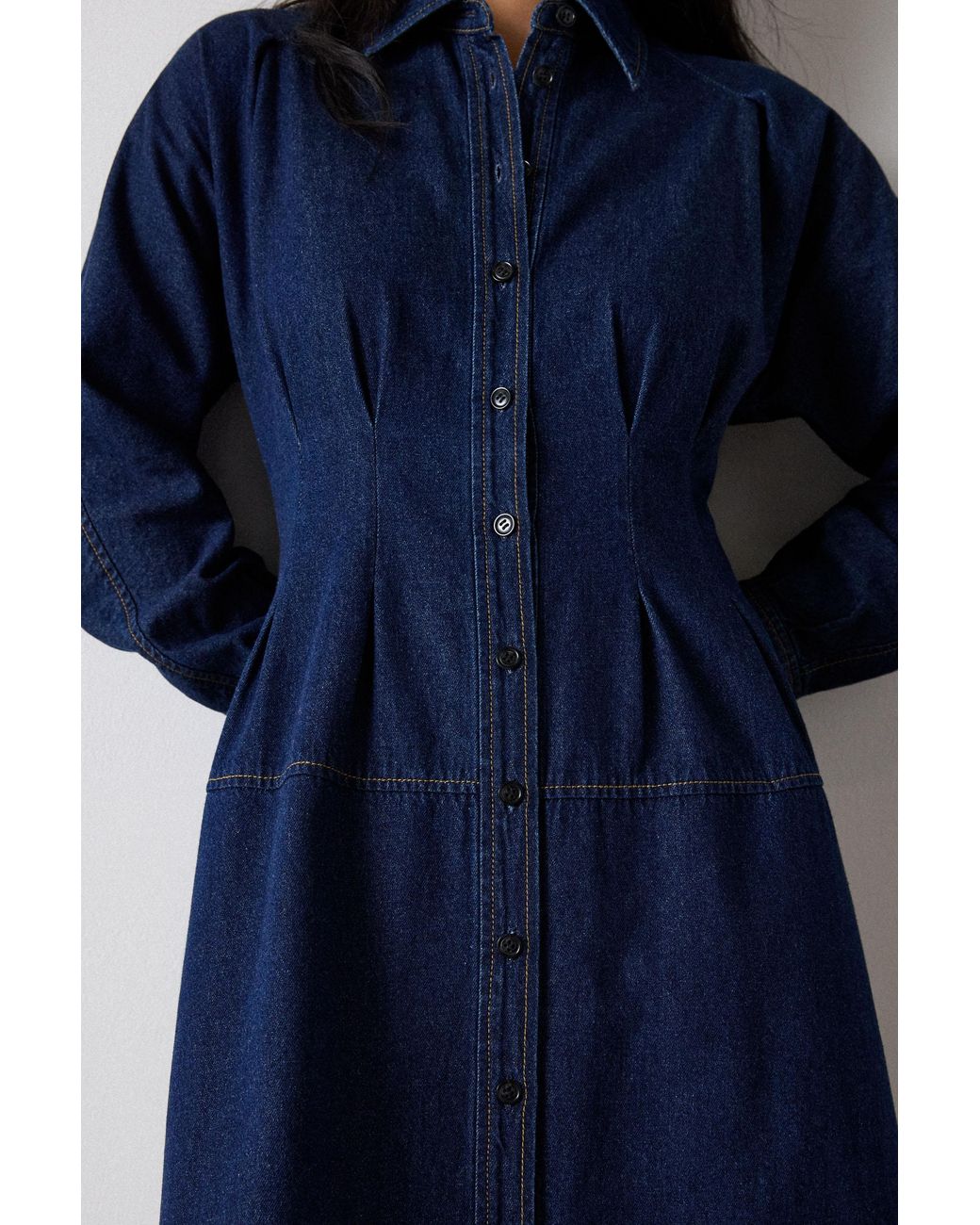 Whistles Blue Waisted Midi Shirt Dress