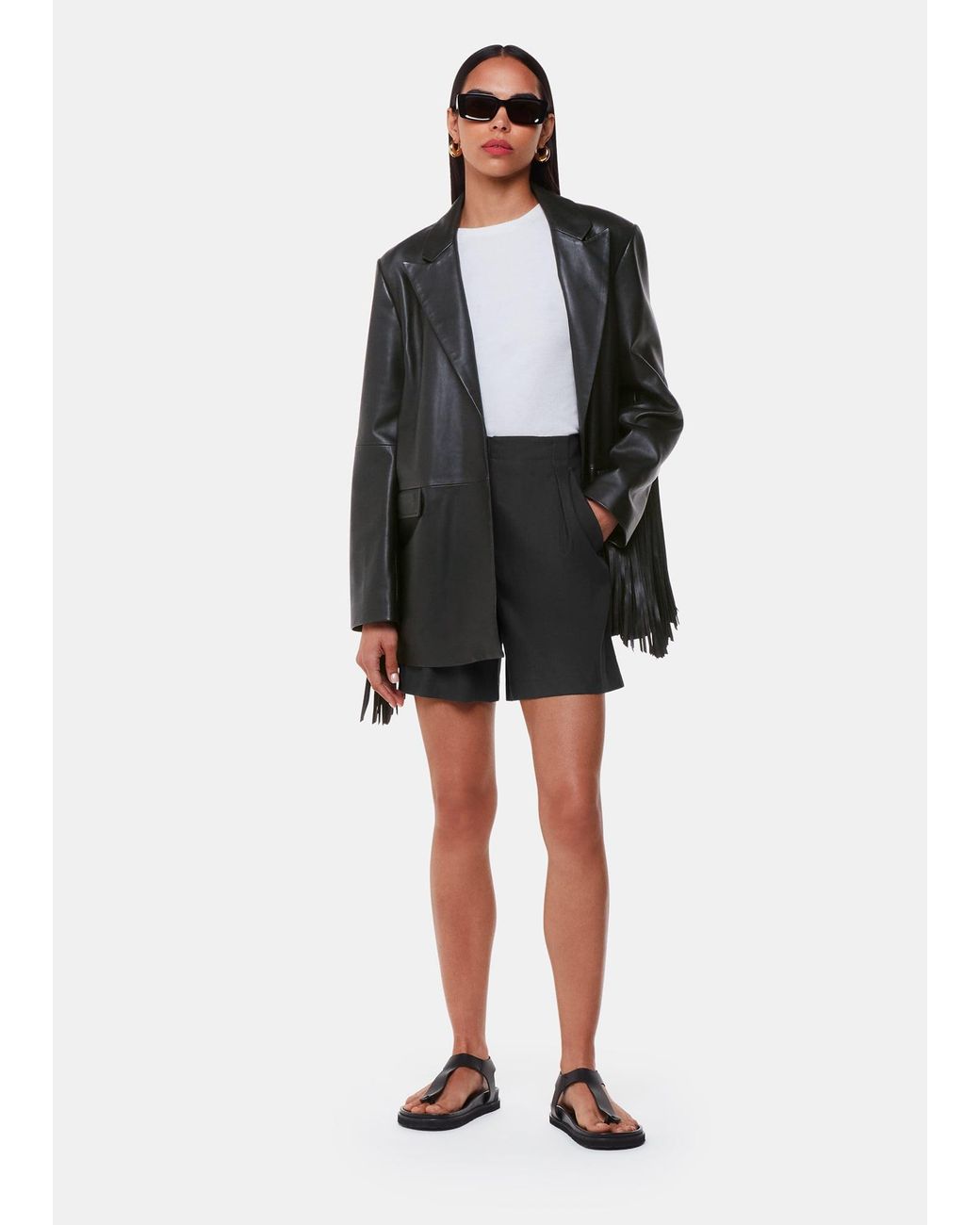 Whistles Black Gia Leather Fringed Jacket