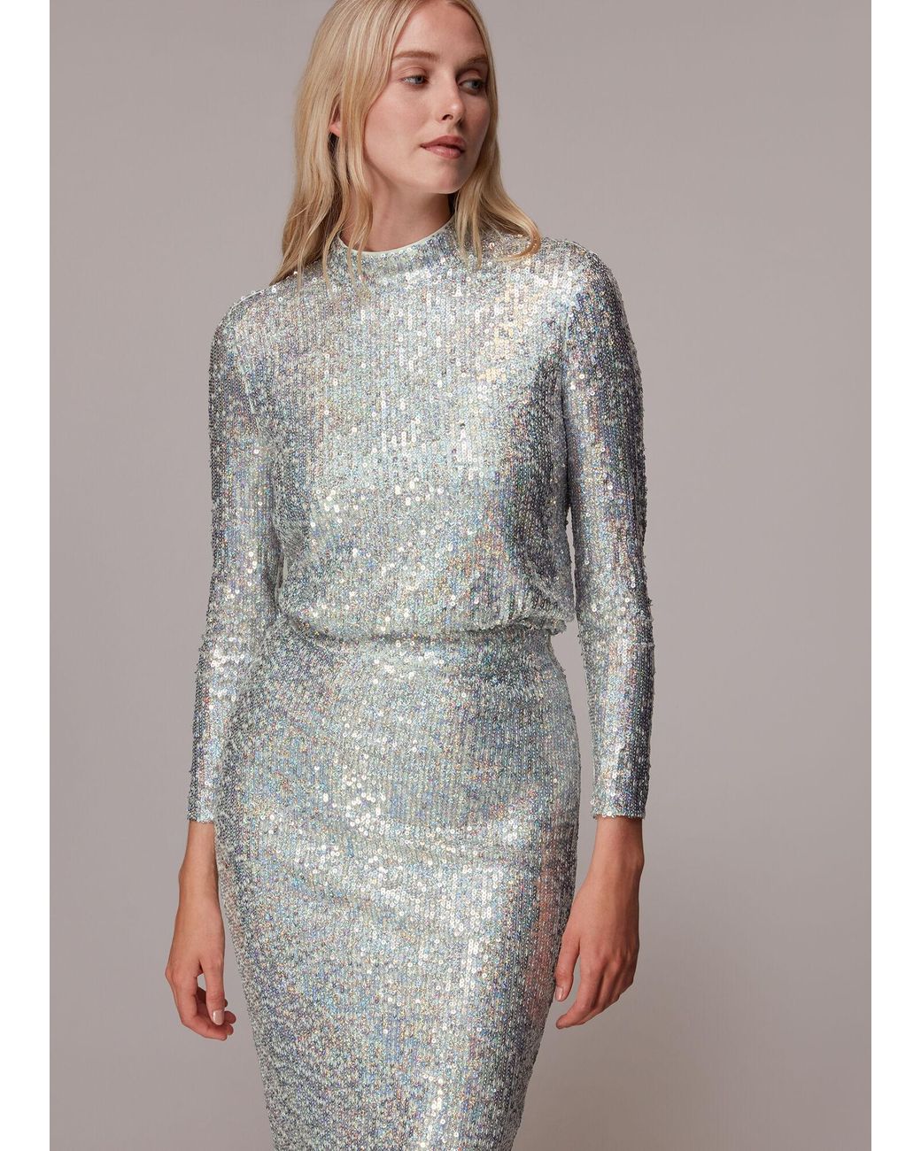 Whistles High Neck Sequin Top in Gray | Lyst
