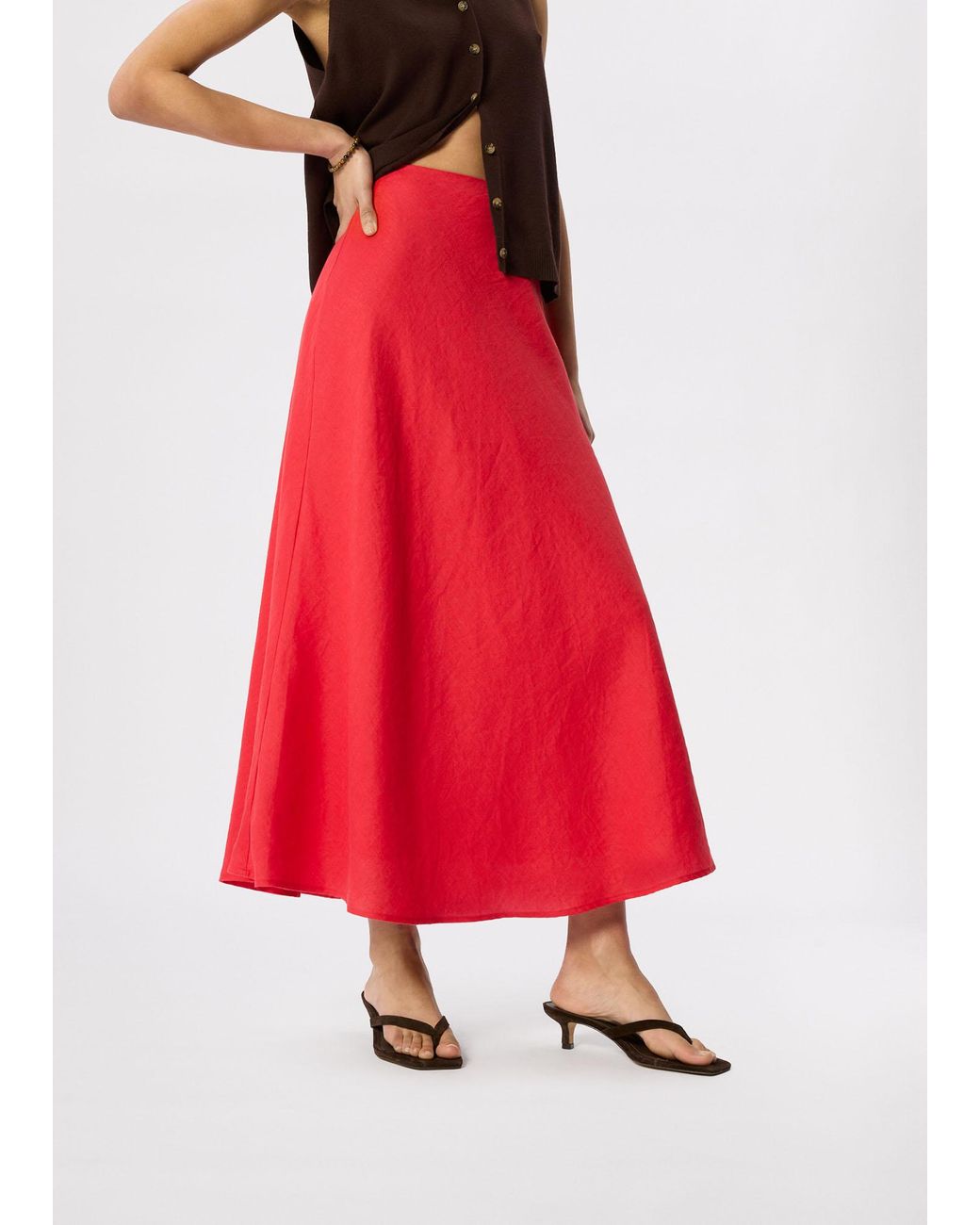 Whistles Red Linen Midi Skirt