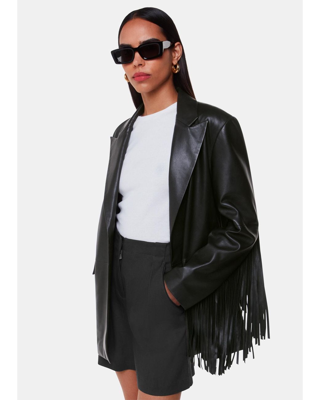 Whistles Black Gia Leather Fringed Jacket