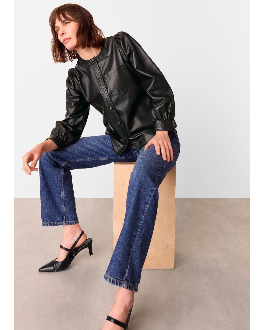 Whistles Blue Leather Gathered Sleeve Shirt