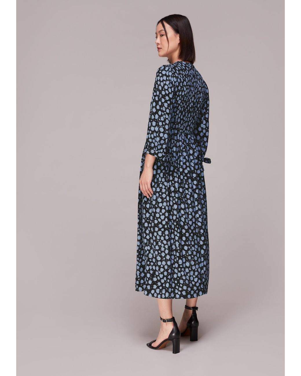 Whistles Blue Dalmatian Shirred Midi Dress