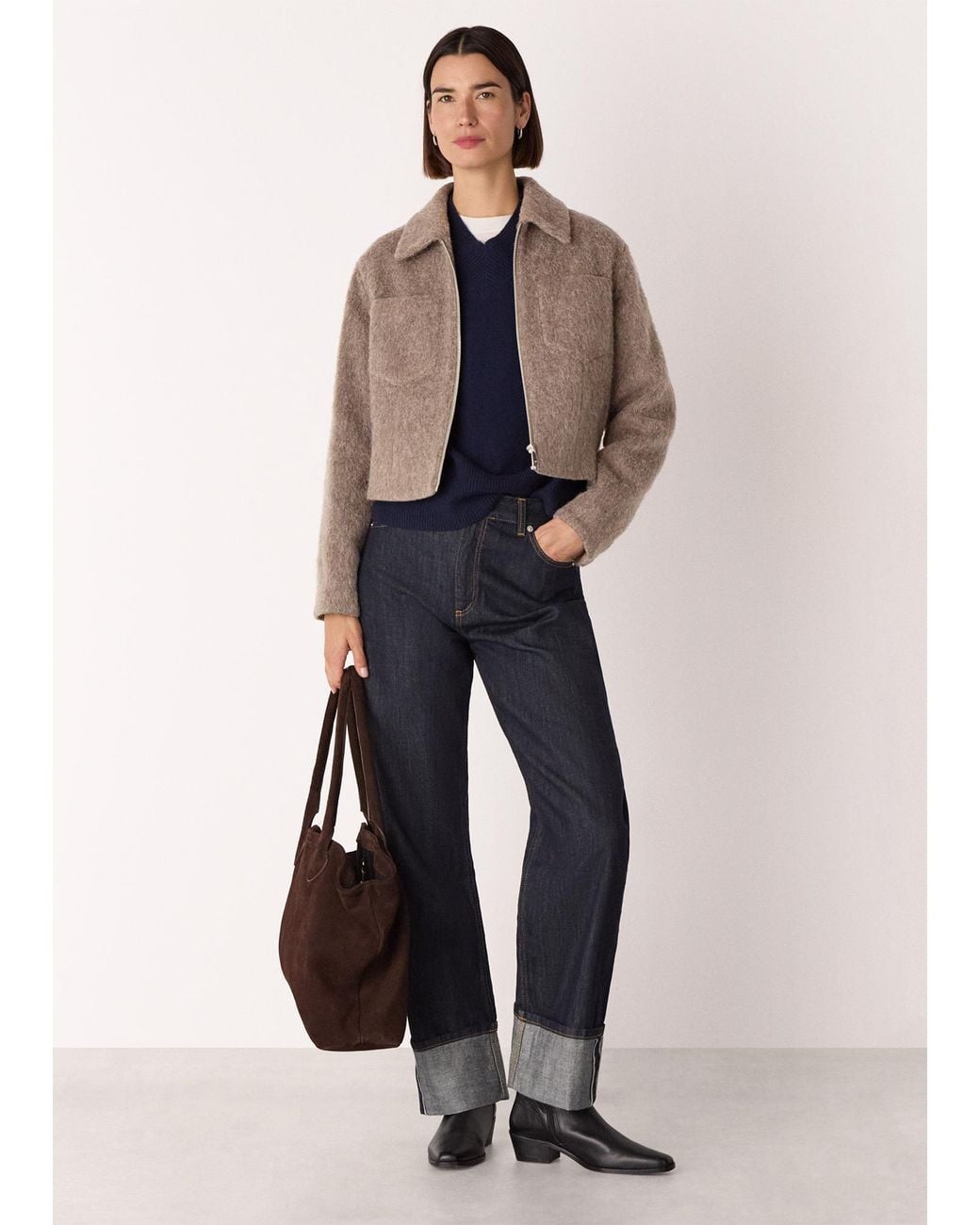Whistles Brown Zip Through Wool Blend Jacket