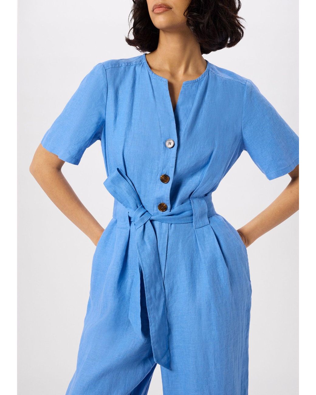 Whistles Blue Petite Fiona Linen Button Jumpsuit