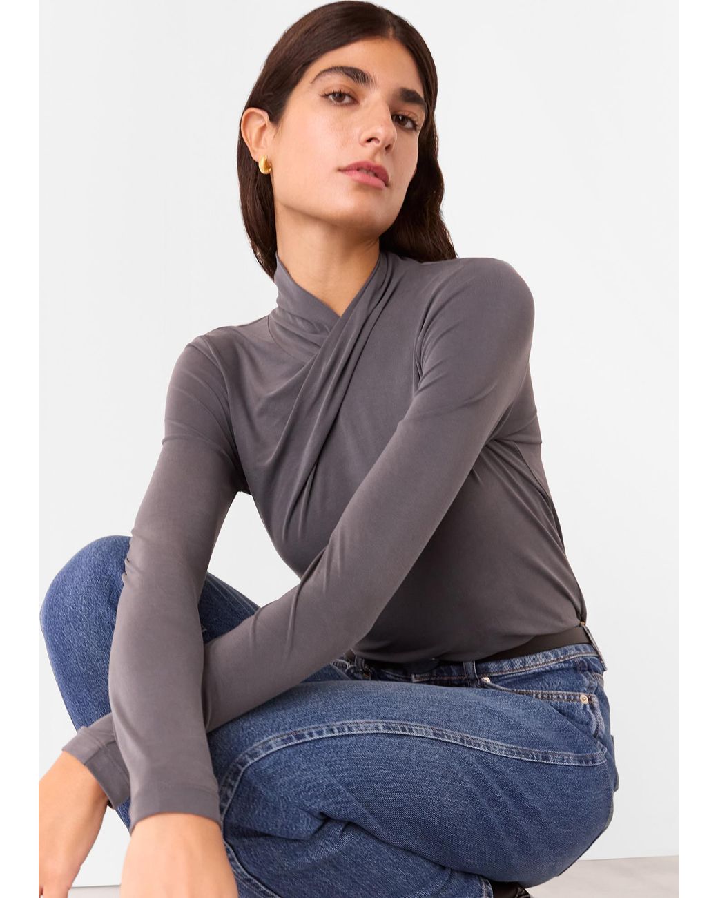 Whistles Gray Drape Neck Jersey Top