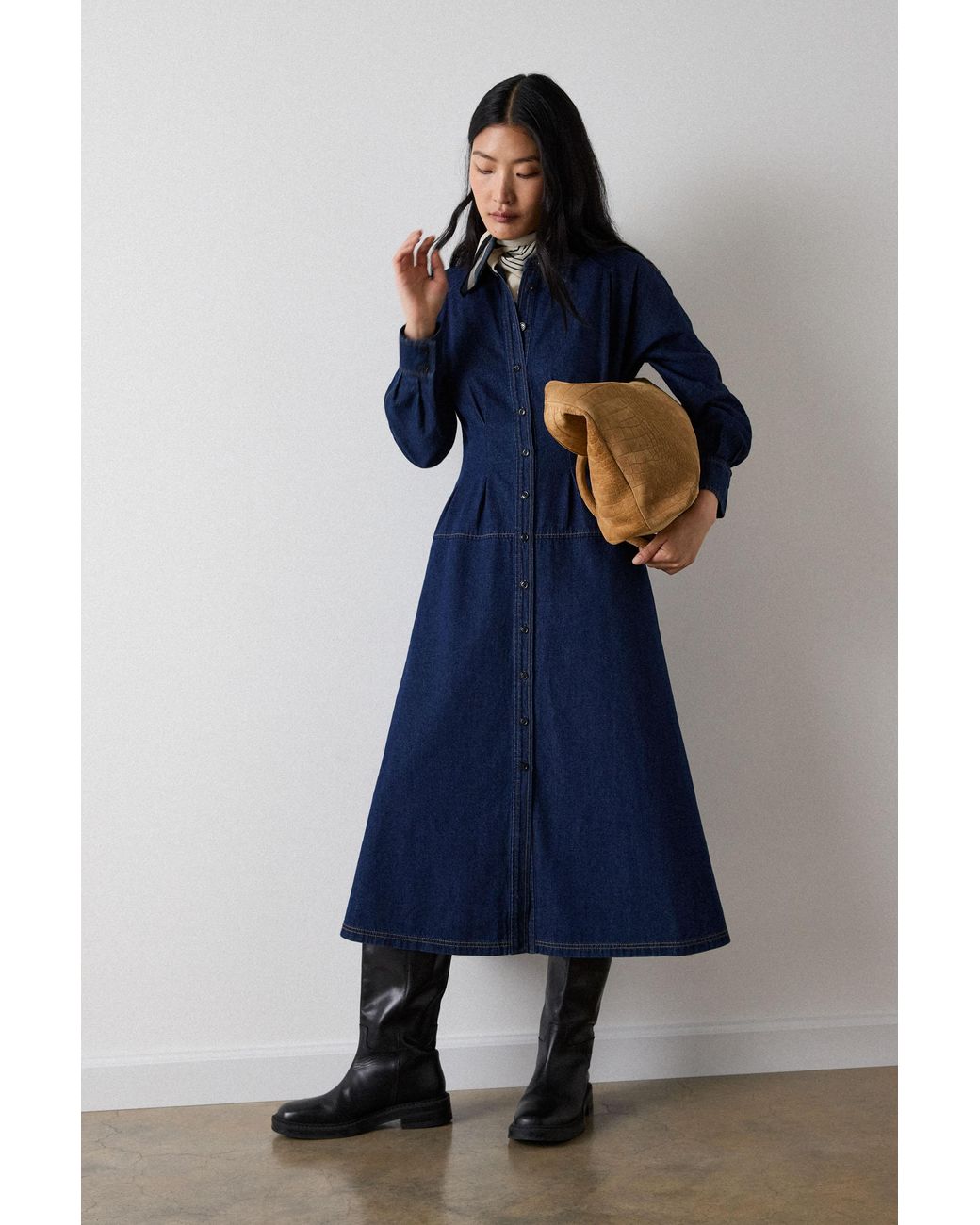 Whistles Blue Waisted Midi Shirt Dress