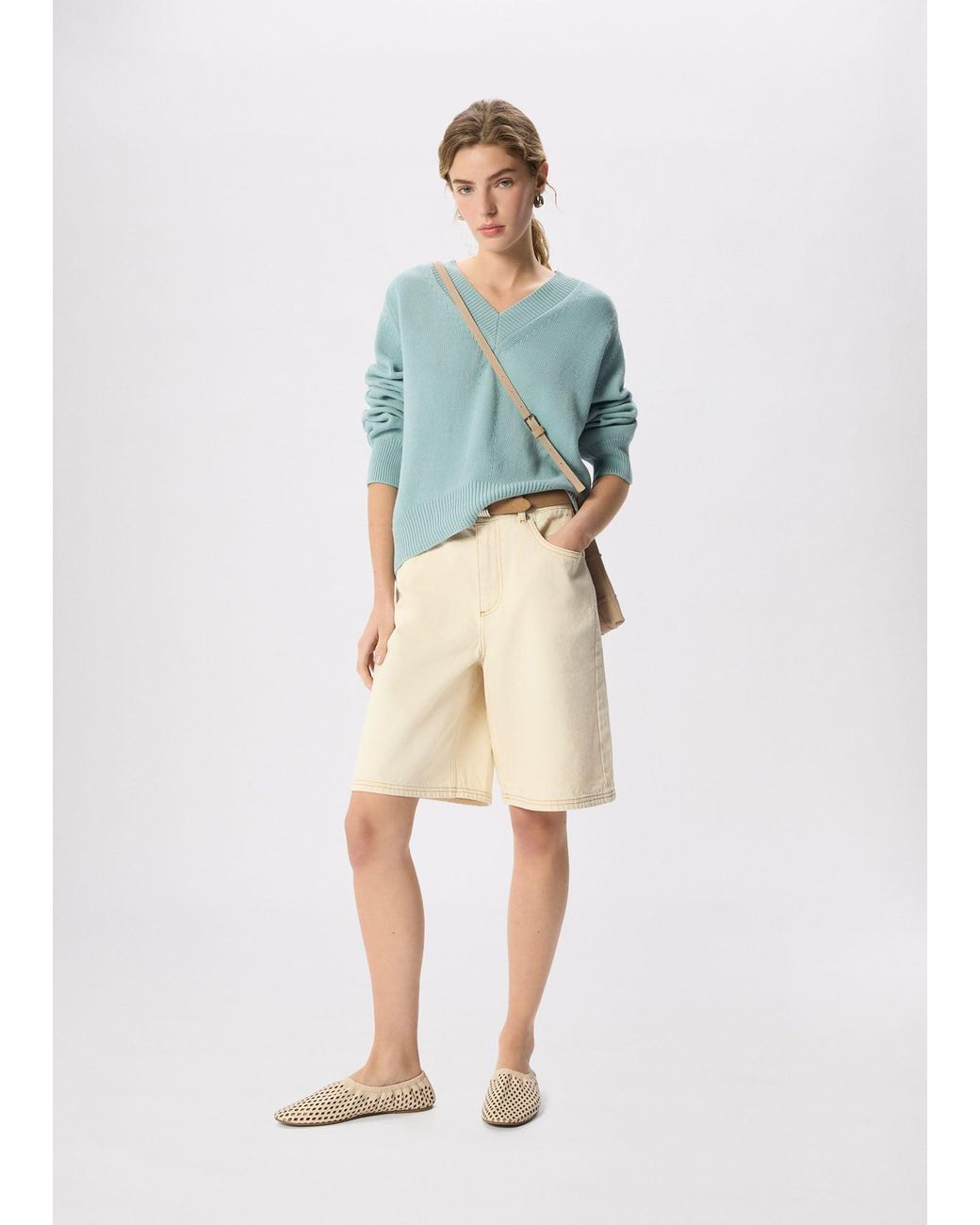 Whistles Green Cotton V Neck Relaxed Knit