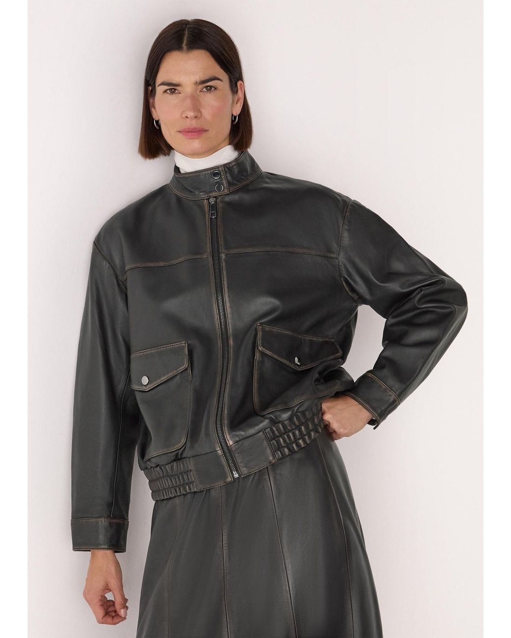 Whistles Black Burnished Leather Bomber