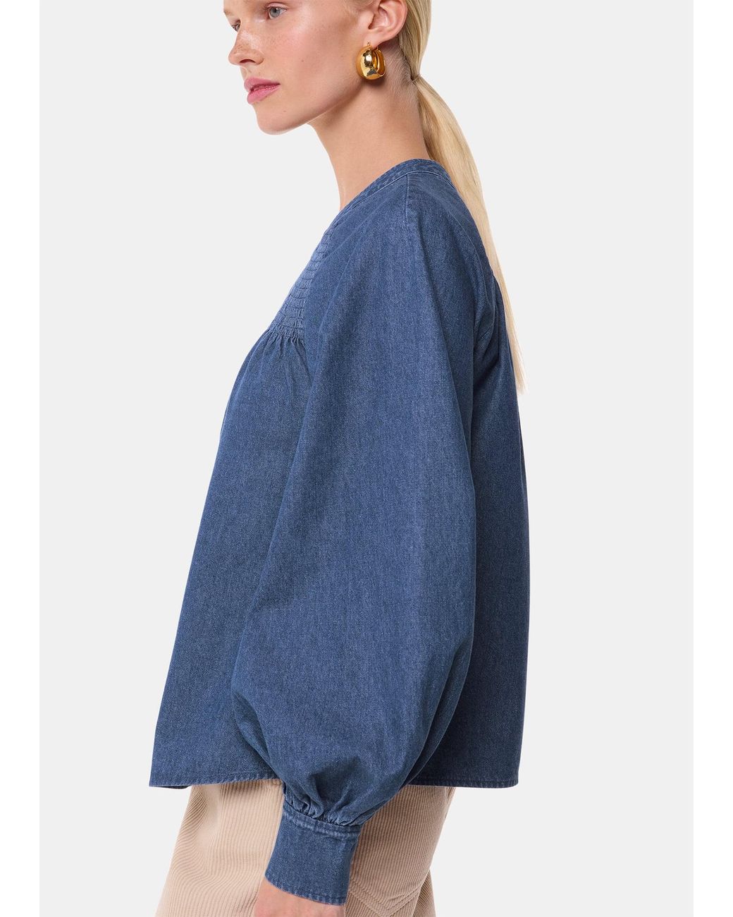 Whistles Blue Smocked Blouse