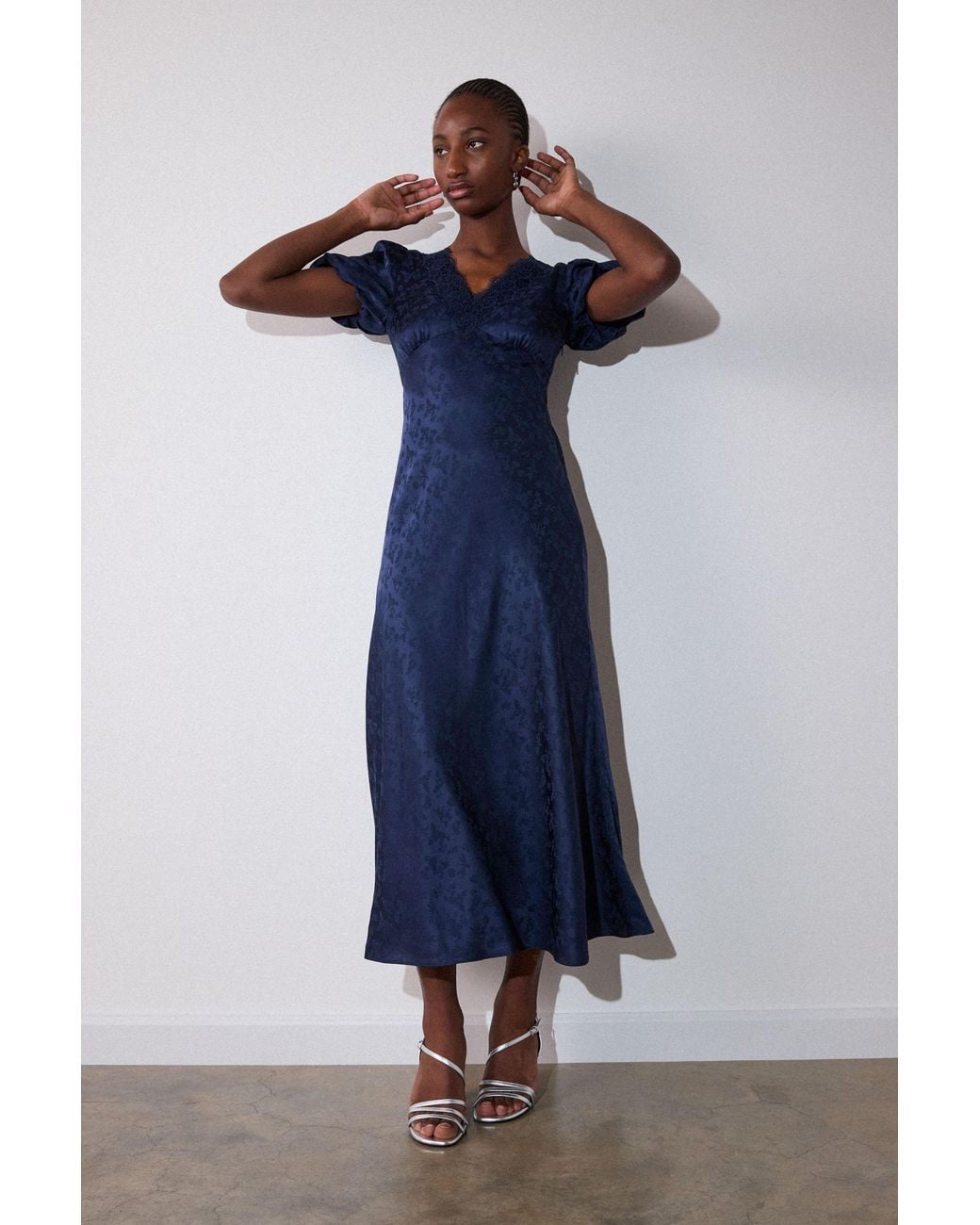 Whistles Blue Jacquard V Neck Midi Dress