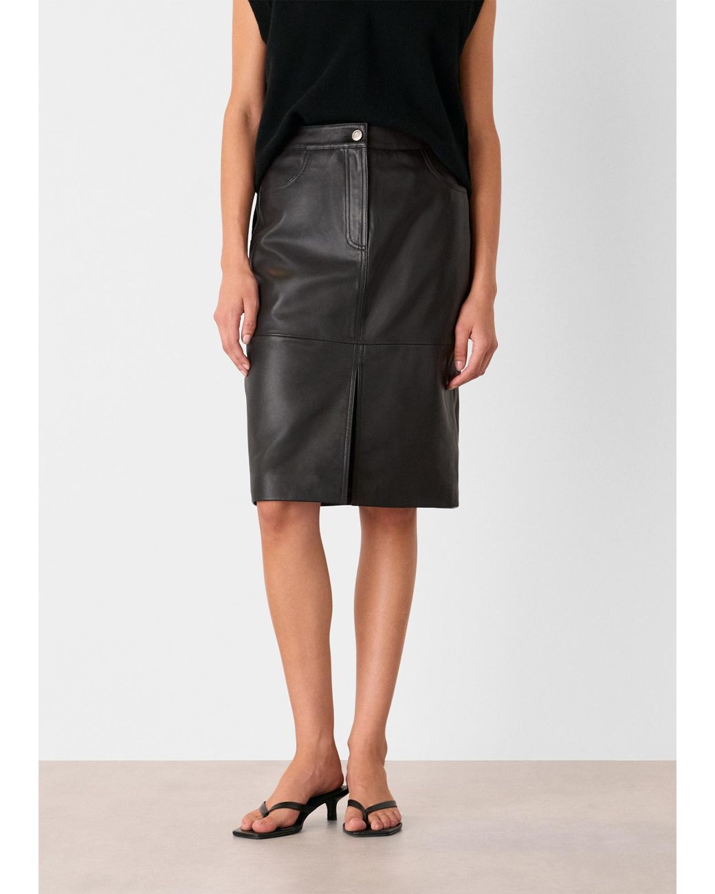 Whistles Black Leather Front Split Midi Skirt