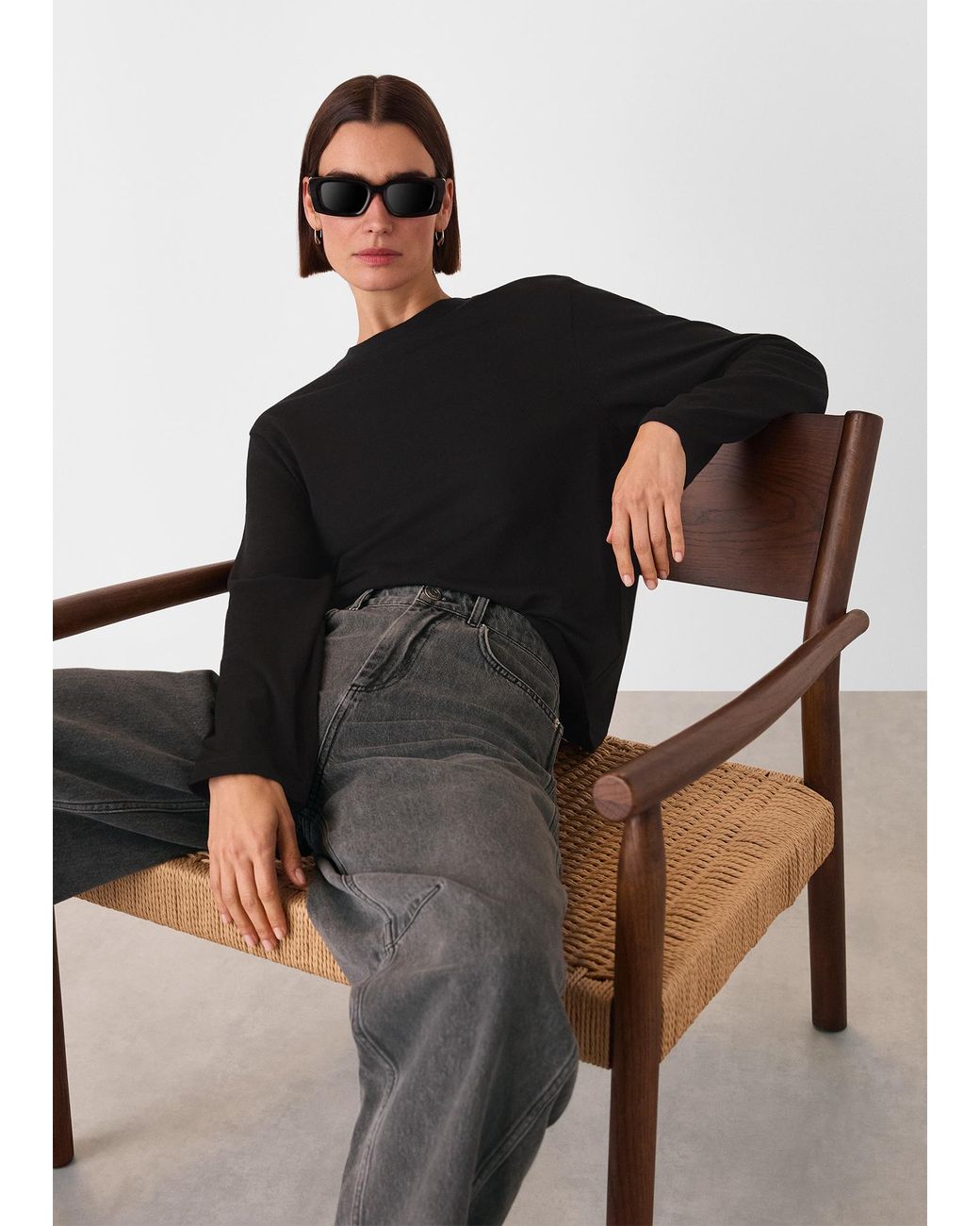 Whistles Black Relaxed Long Sleeve Tee