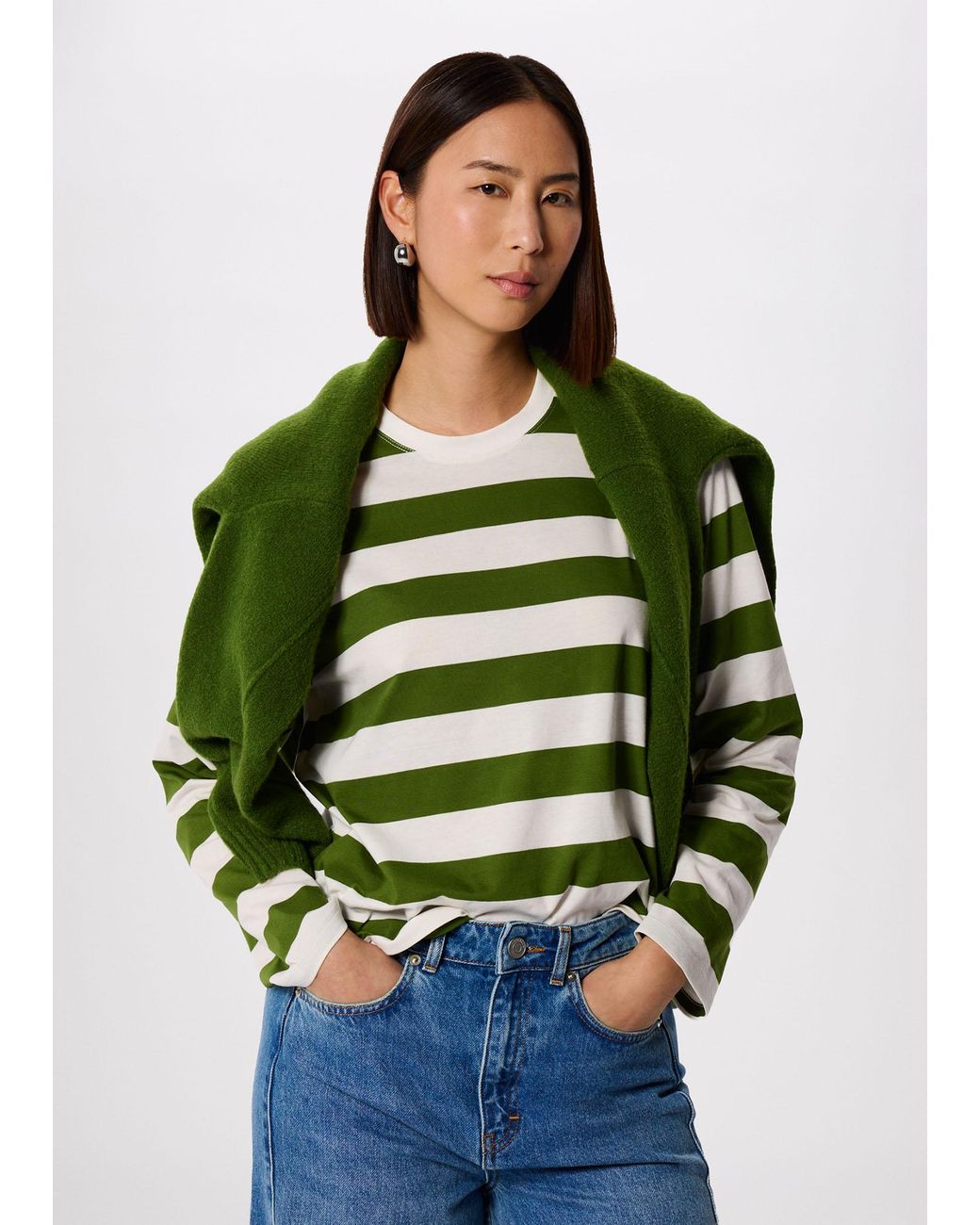 Whistles Green Relaxed Stripe Long Sleeve Tee