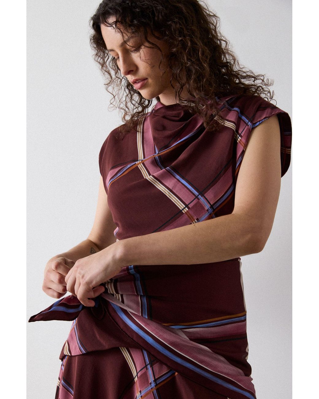 Whistles Multicolor Painted Check Cowl Neck Dress