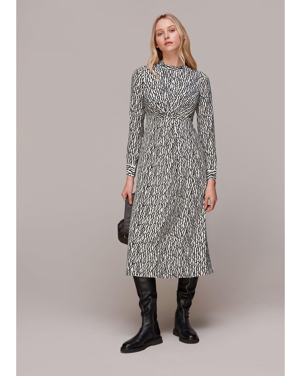 Whistles Gray Wiggle Print Silk Midi Dress