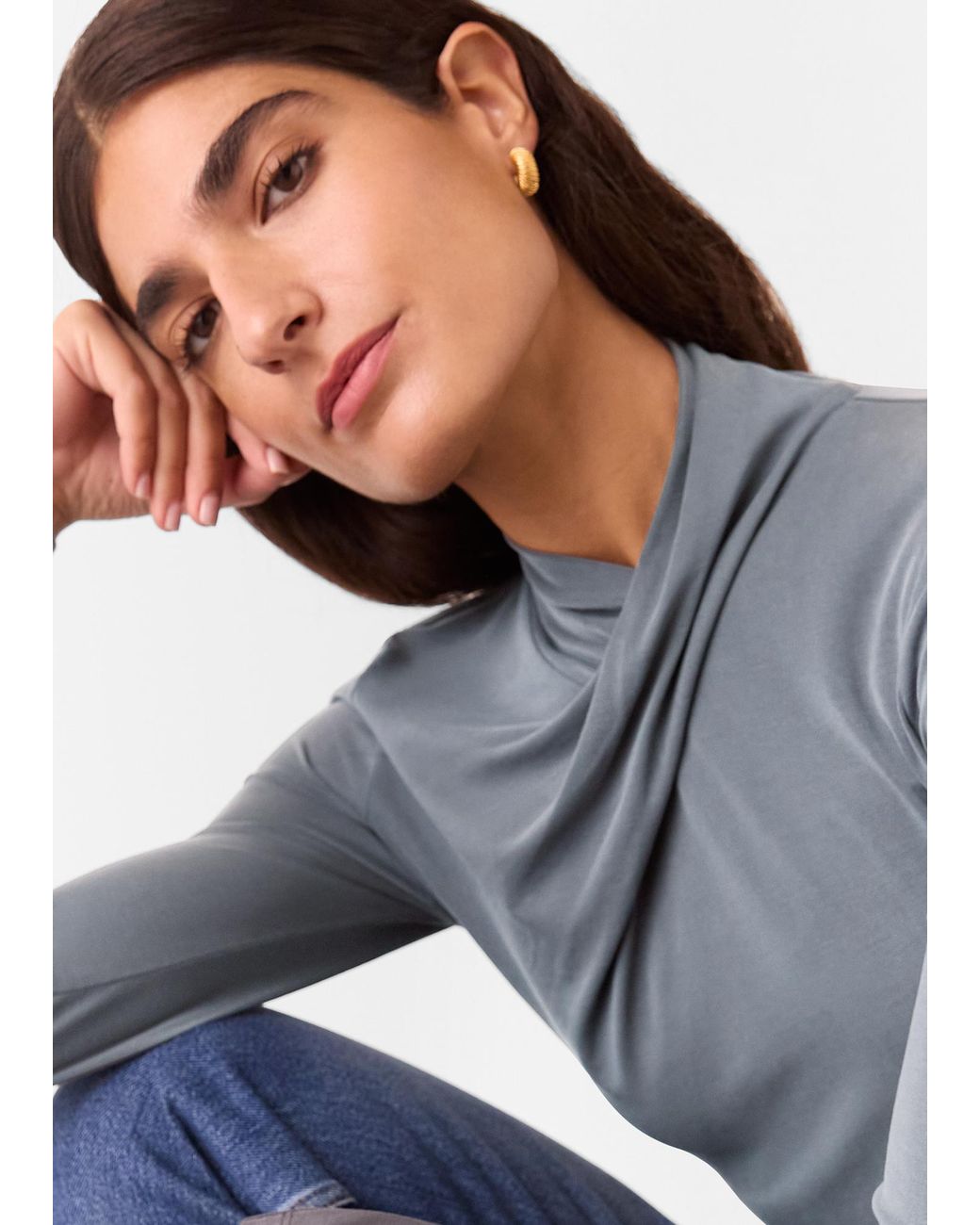 Whistles Gray Drape Neck Jersey Top
