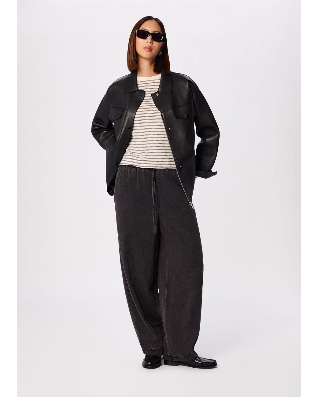 Whistles Gray Stripe Crew Neck Pocket Top