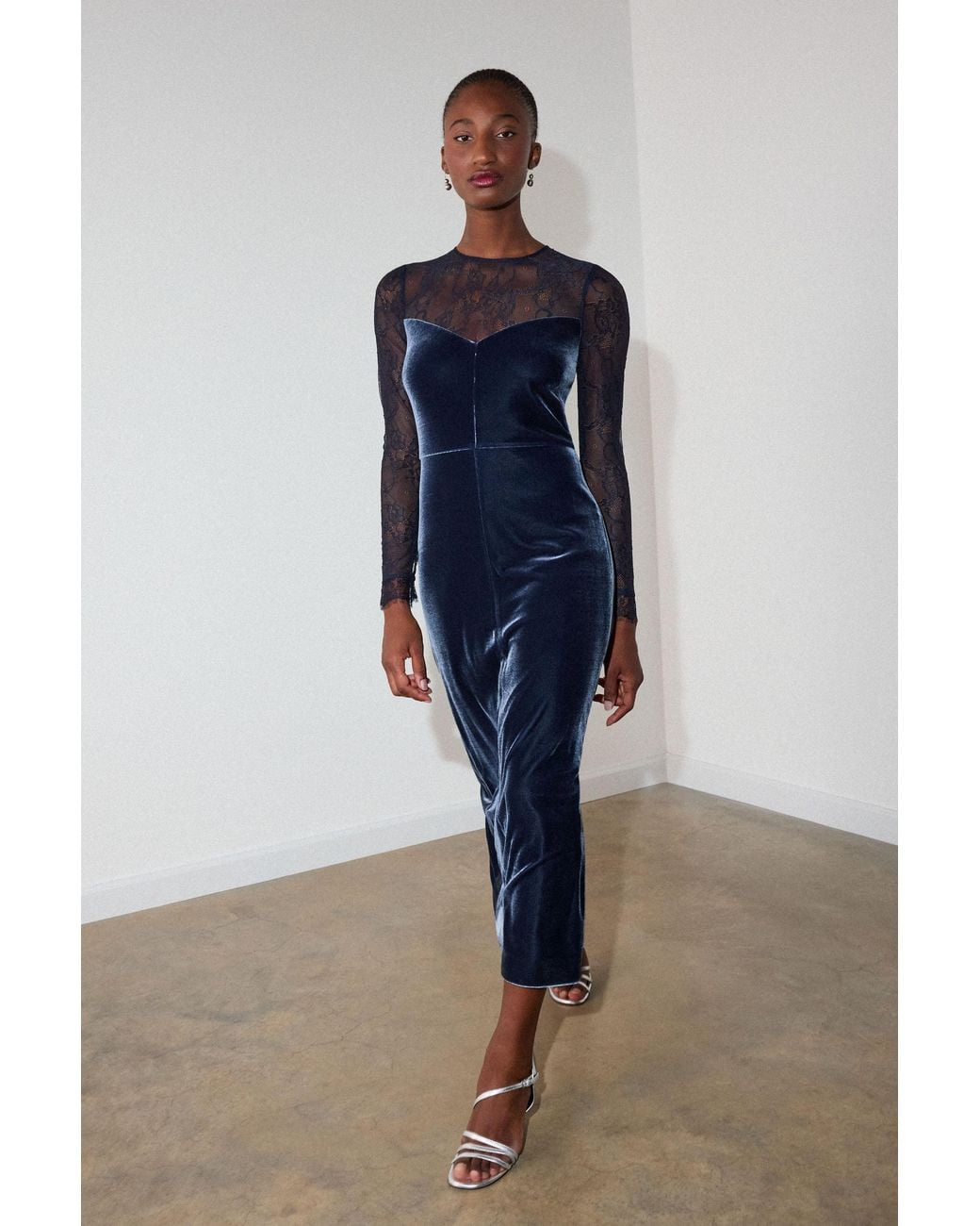Whistles Blue Lace Sleeve Velvet Midi Dress