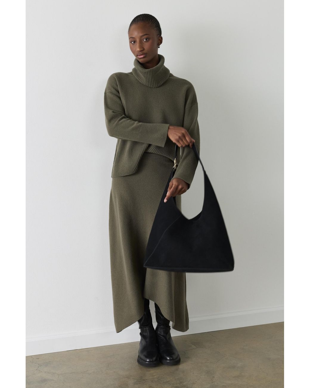 Whistles Green Asymmetric Hem Wool Knit Skirt