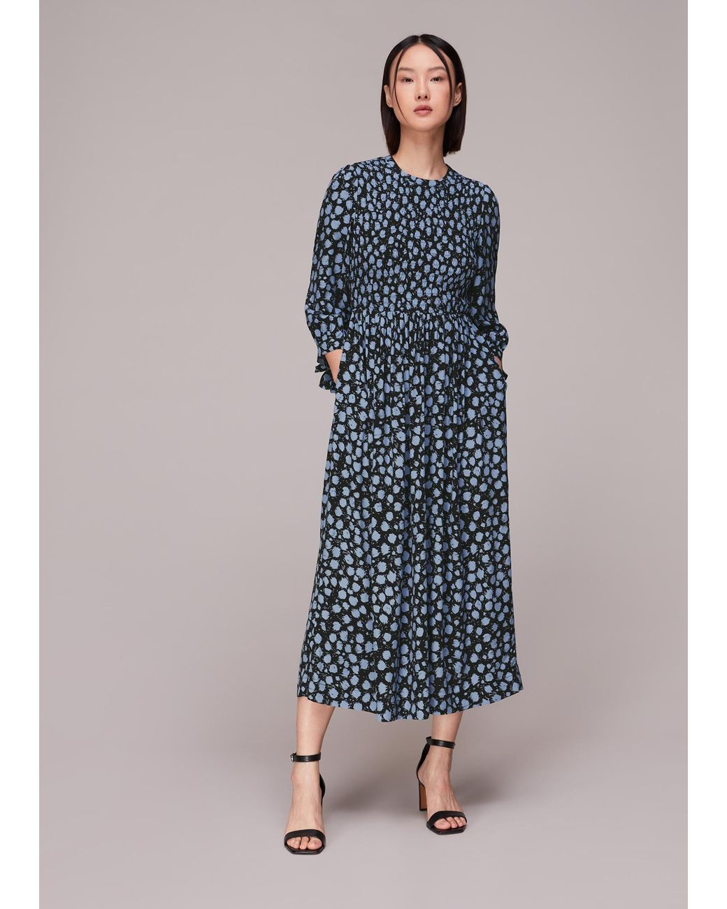 Whistles Blue Dalmatian Shirred Midi Dress