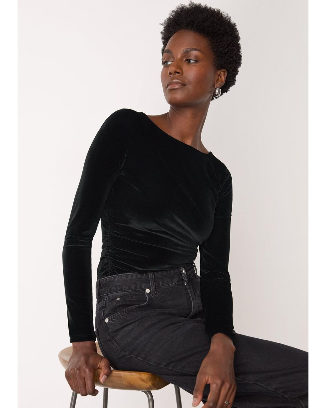 Whistles Black Straight Neck Velvet Top