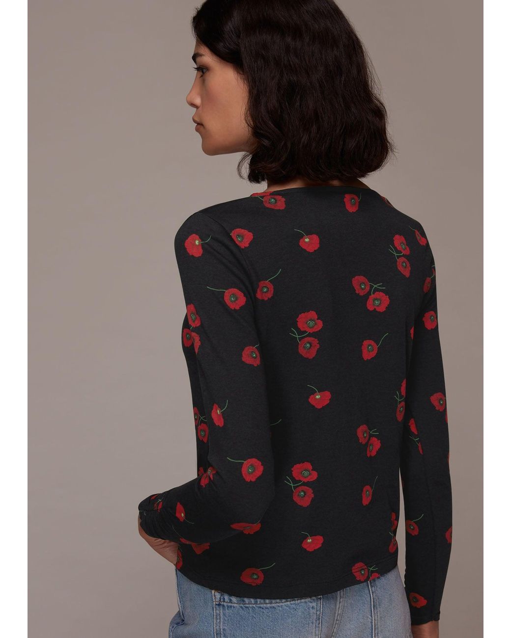 Whistles Brown Poppy Print Ruched Neck Tee