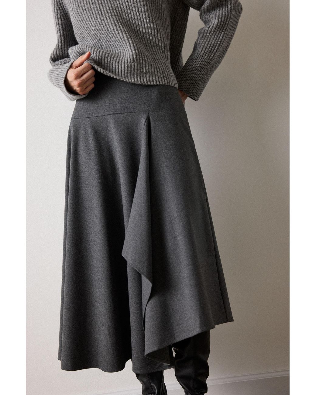 Whistles Black Petite Draped Asymmetric Midi Skirt
