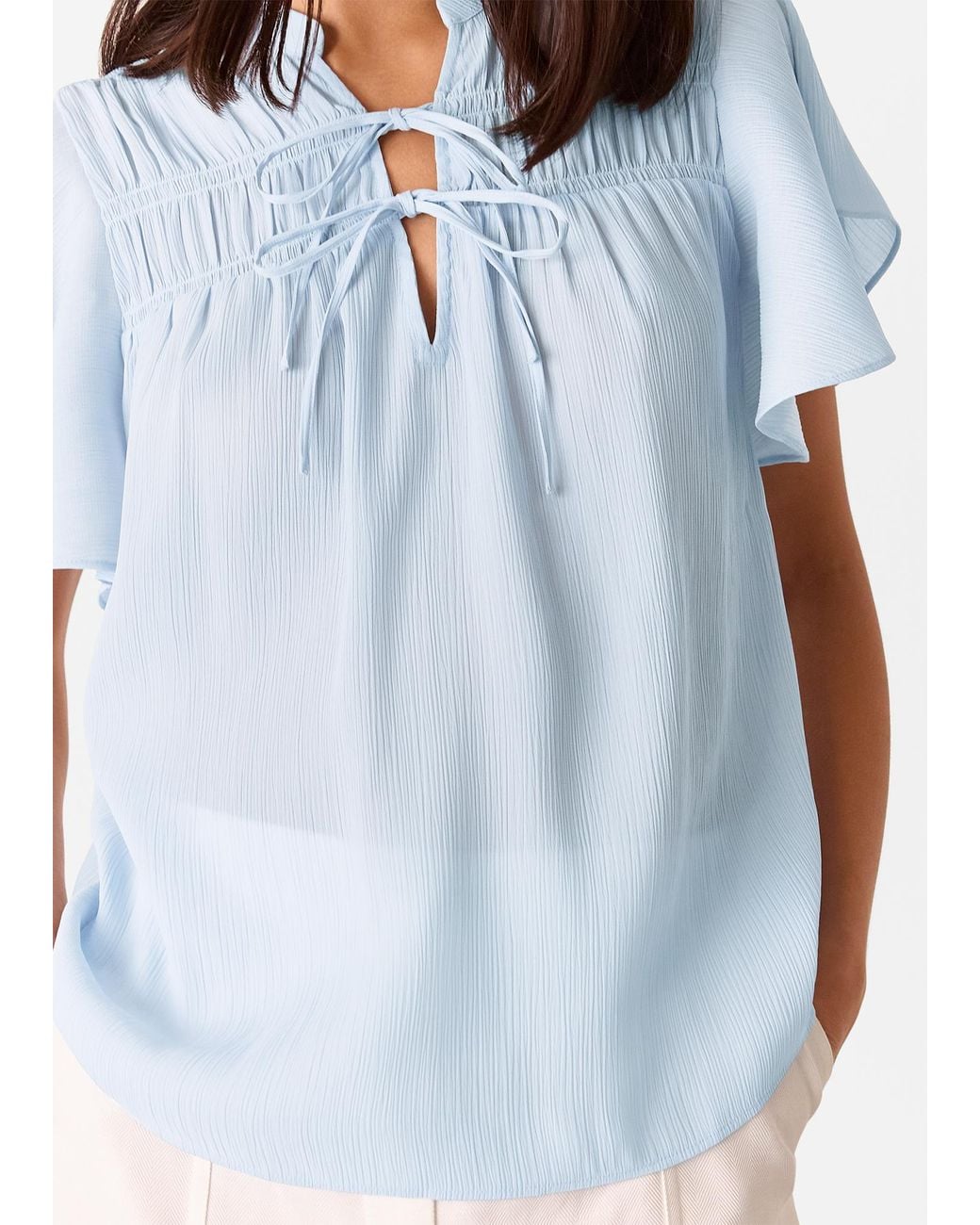 Whistles Blue Frill Sleeve Tie Front Blouse