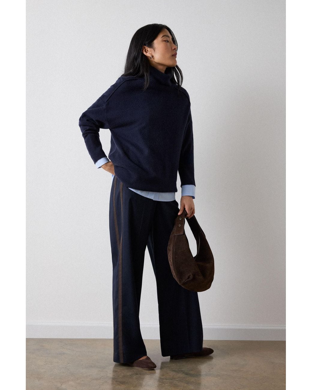 Whistles Blue Cashmere Seam Roll Neck Knit