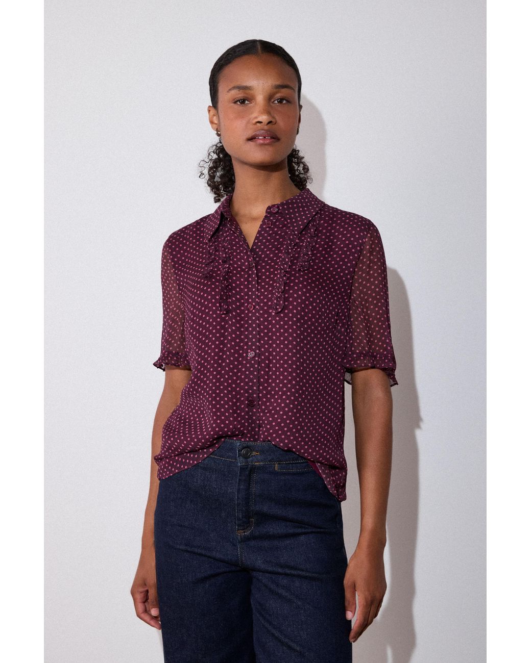 Whistles Red Polka Dot Sheer Sleeve Shirt