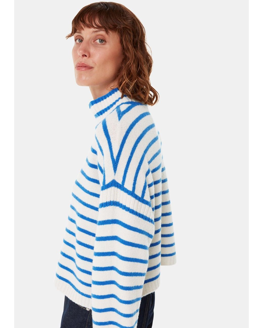 Whistles Blue Stripe Rib Detail Funnel Knit