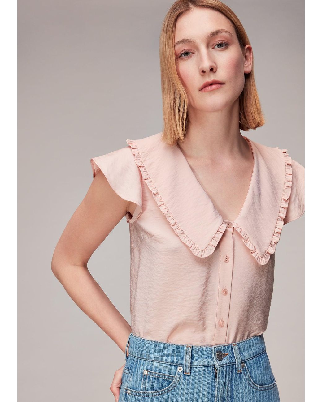Whistles Natural Short Sleeve Collar Top