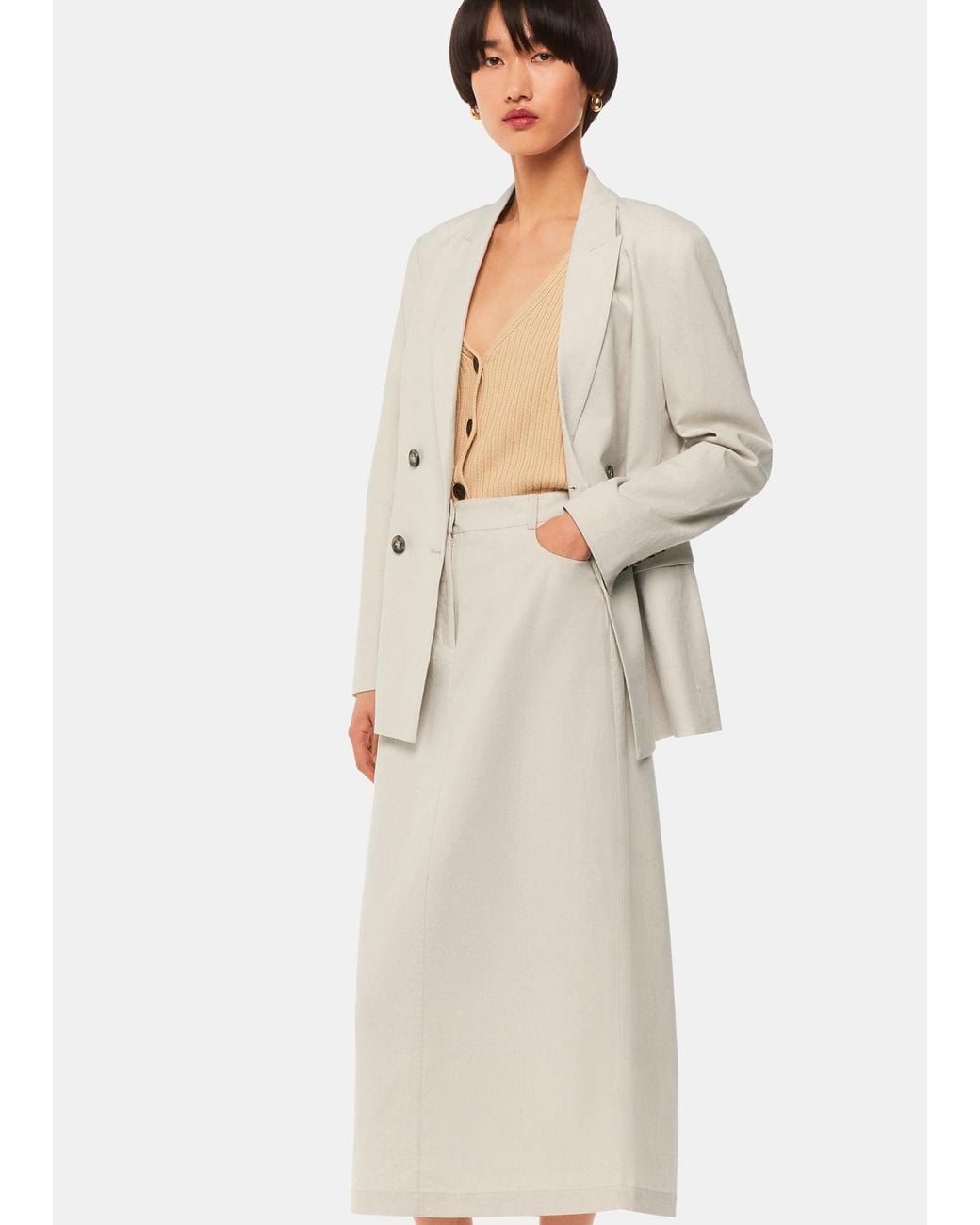 Whistles Natural Abigail Linen Blend Midi Skirt