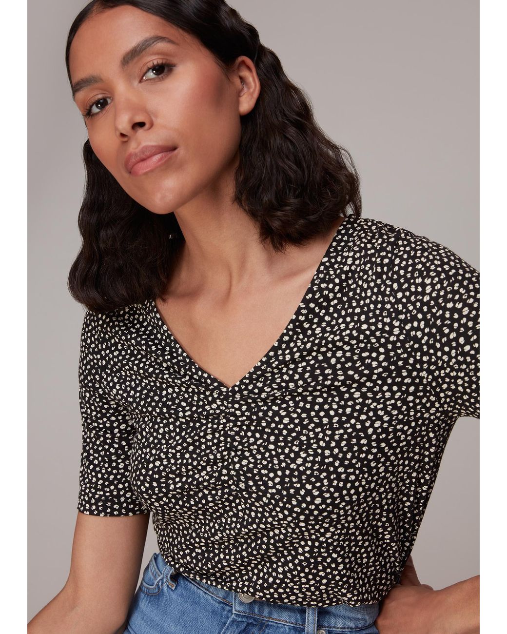 Whistles Black Ink Leopard V Neck Ruched Tee