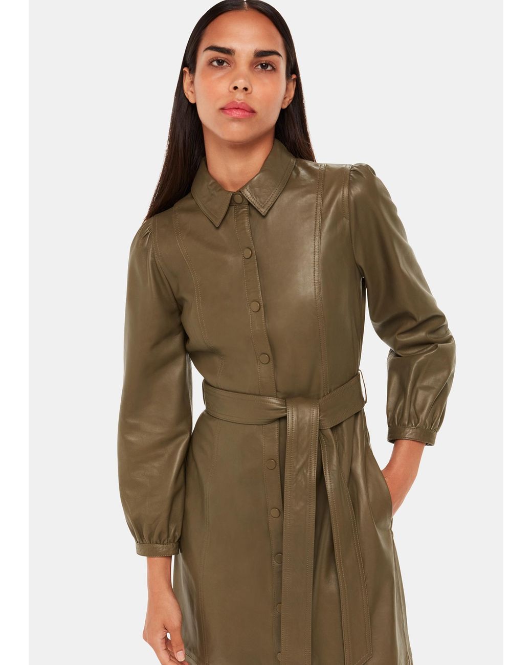Whistles Green Phoebe Leather Shirt Dress