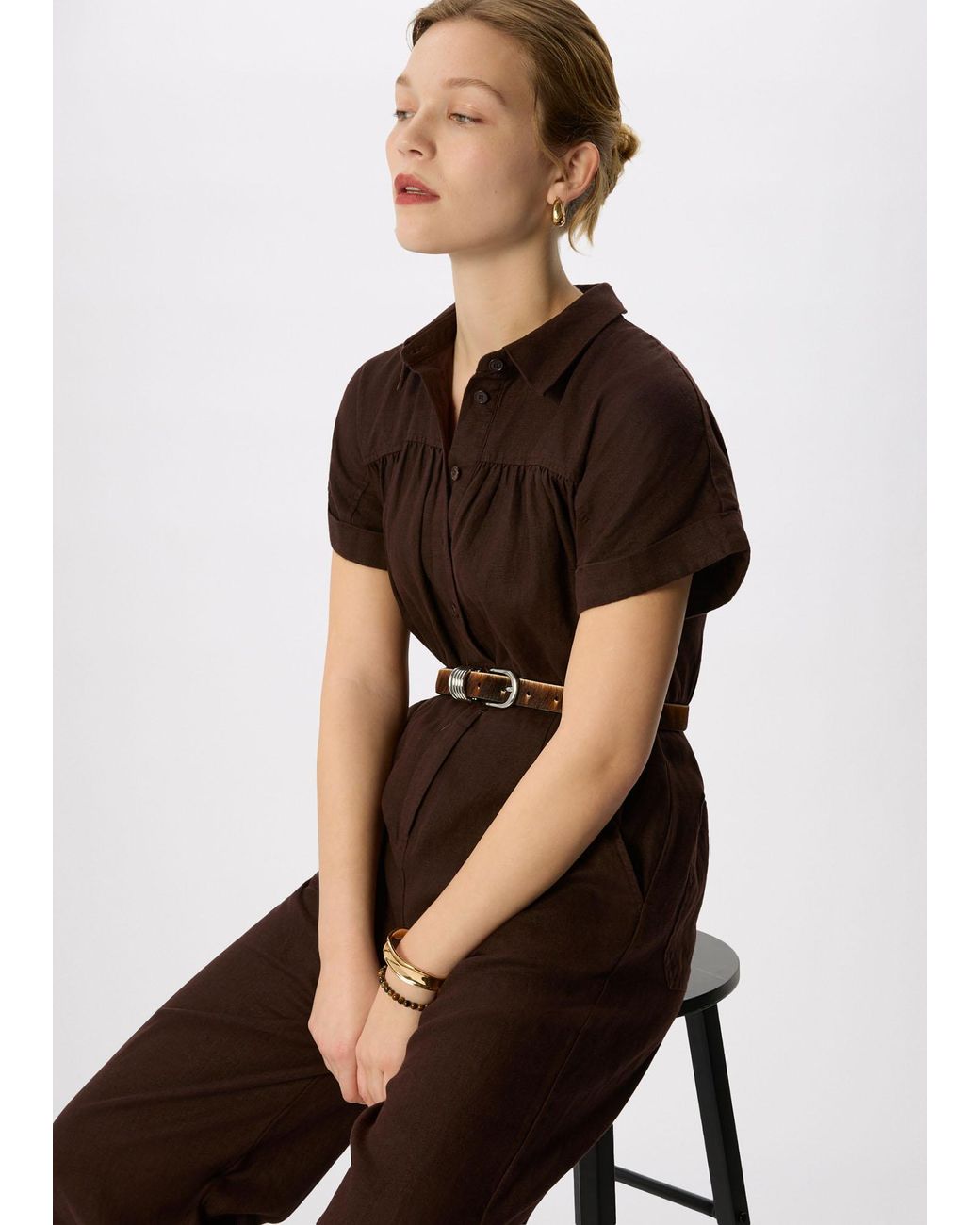 Whistles Brown Utility Linen Jumpsuit
