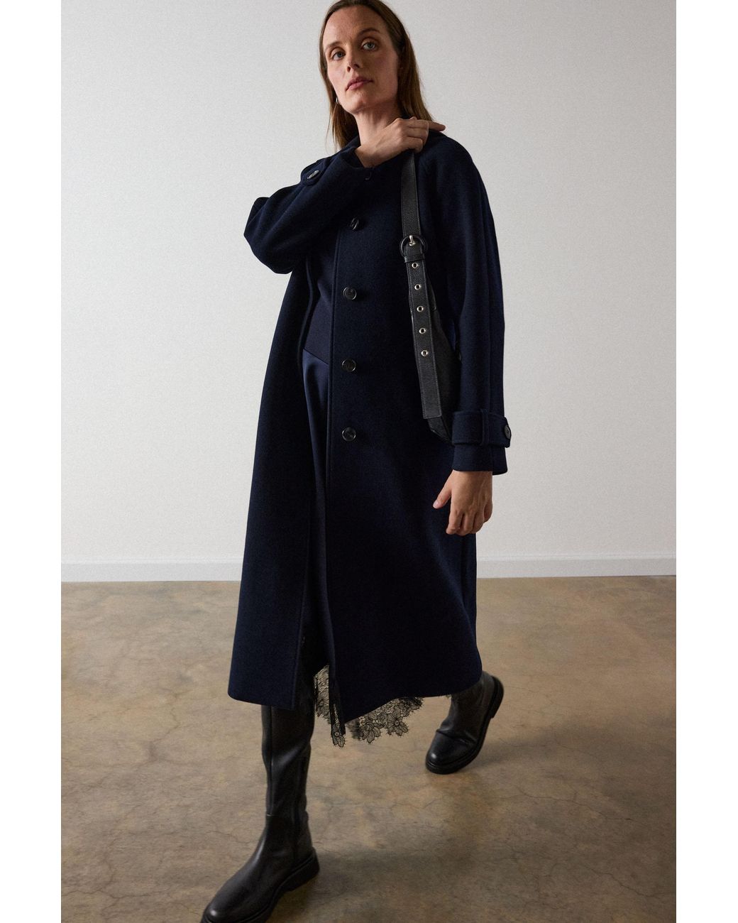 Whistles Blue Collar Detail Long Wool Coat