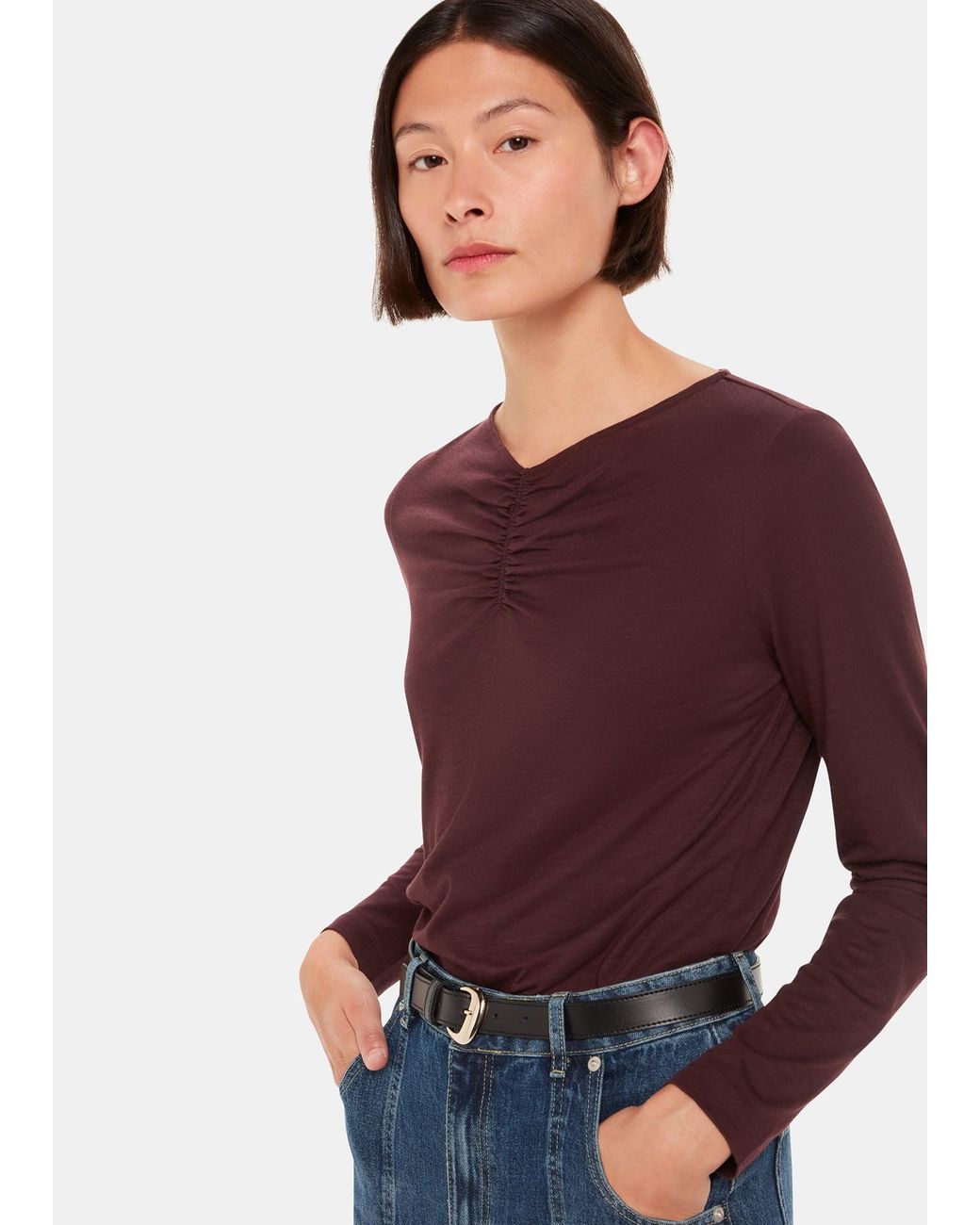 Whistles Red High V Neck Ruched Top