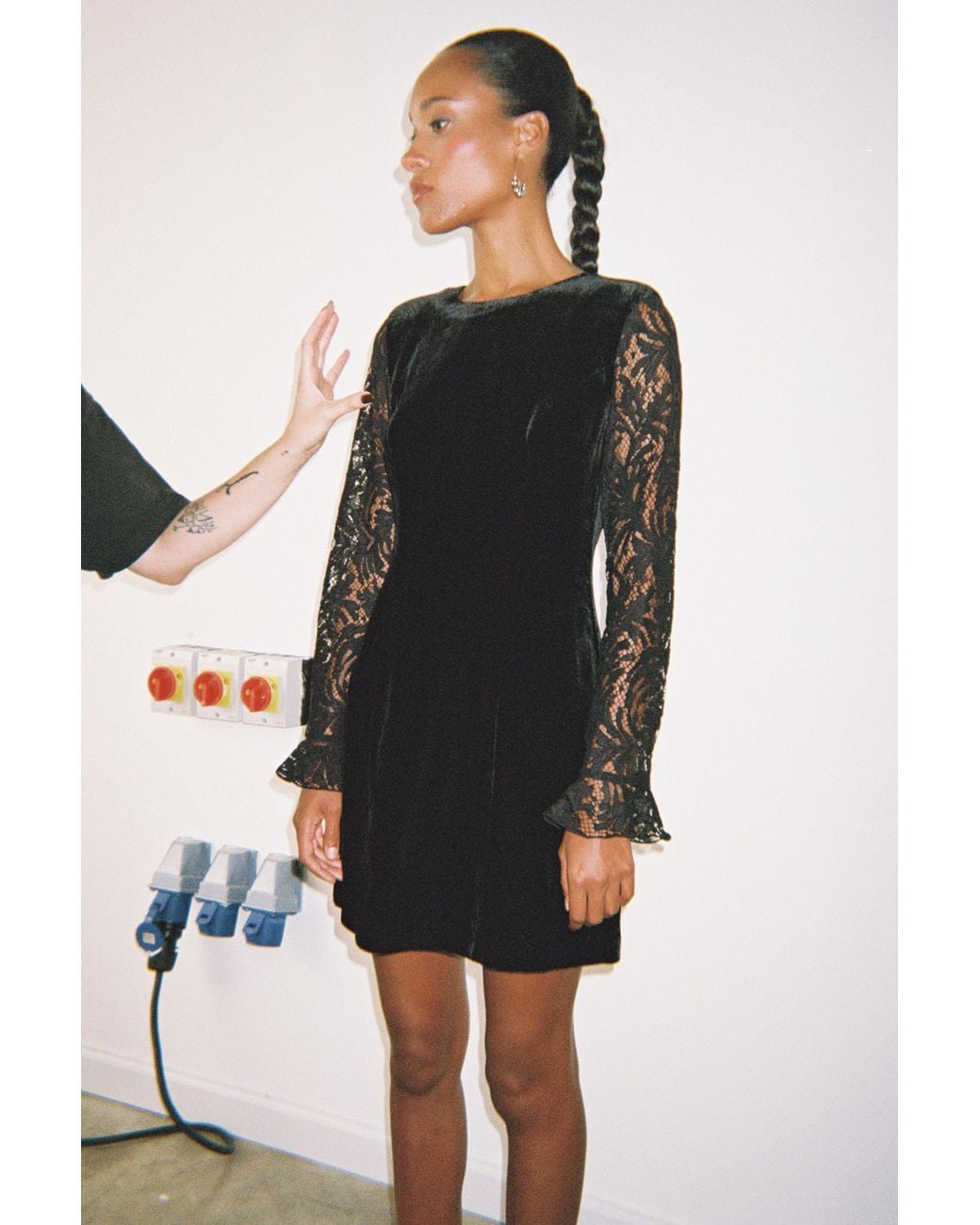 Whistles Black Lace Sleeve Velvet Mini Dress