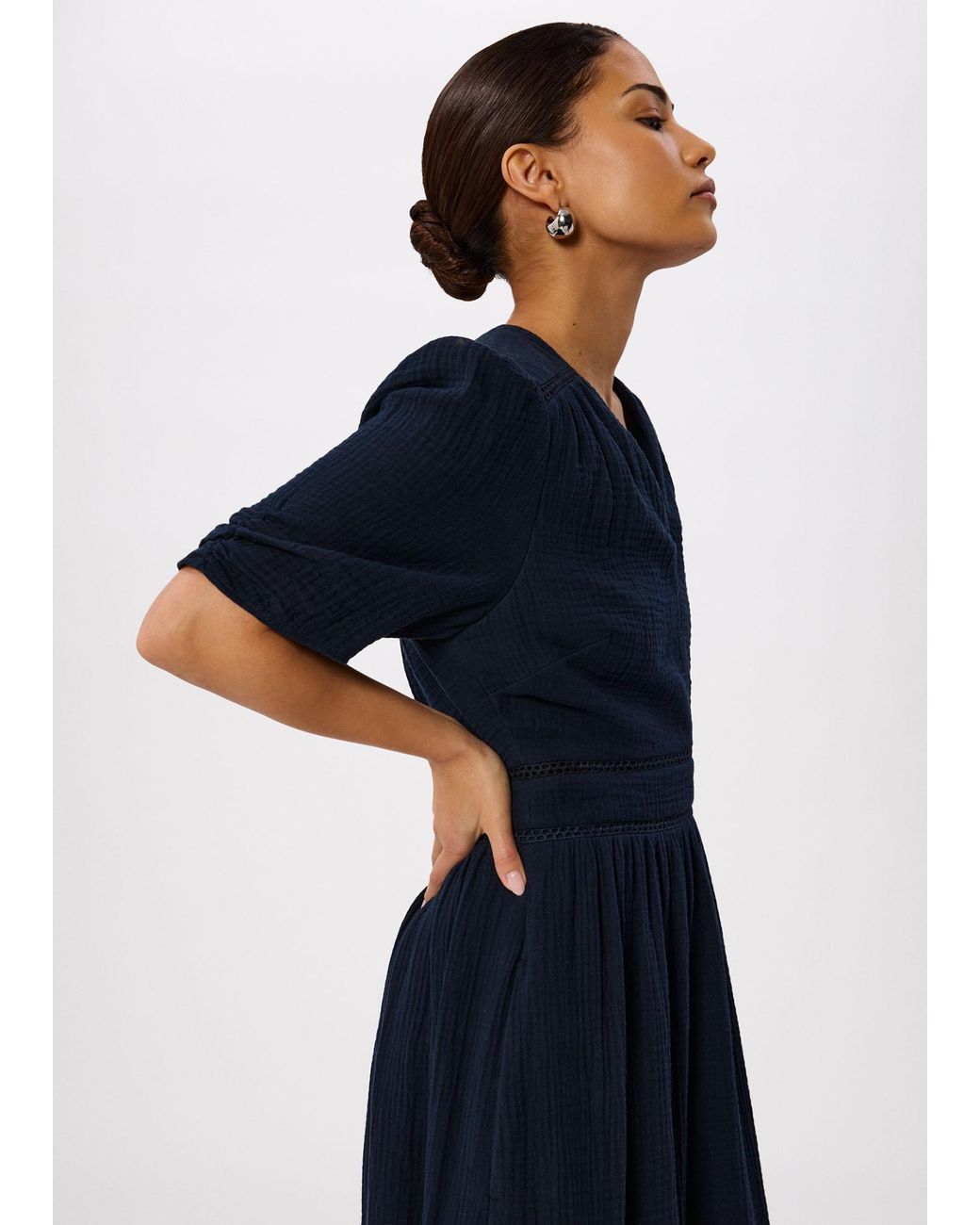 Whistles Blue Petite V Neck Textured Midi Dress