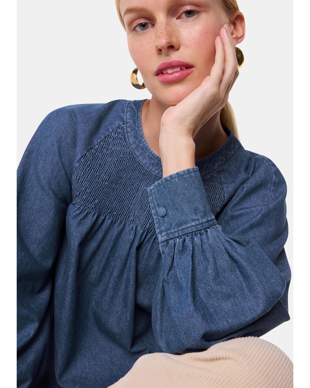 Whistles Blue Smocked Blouse