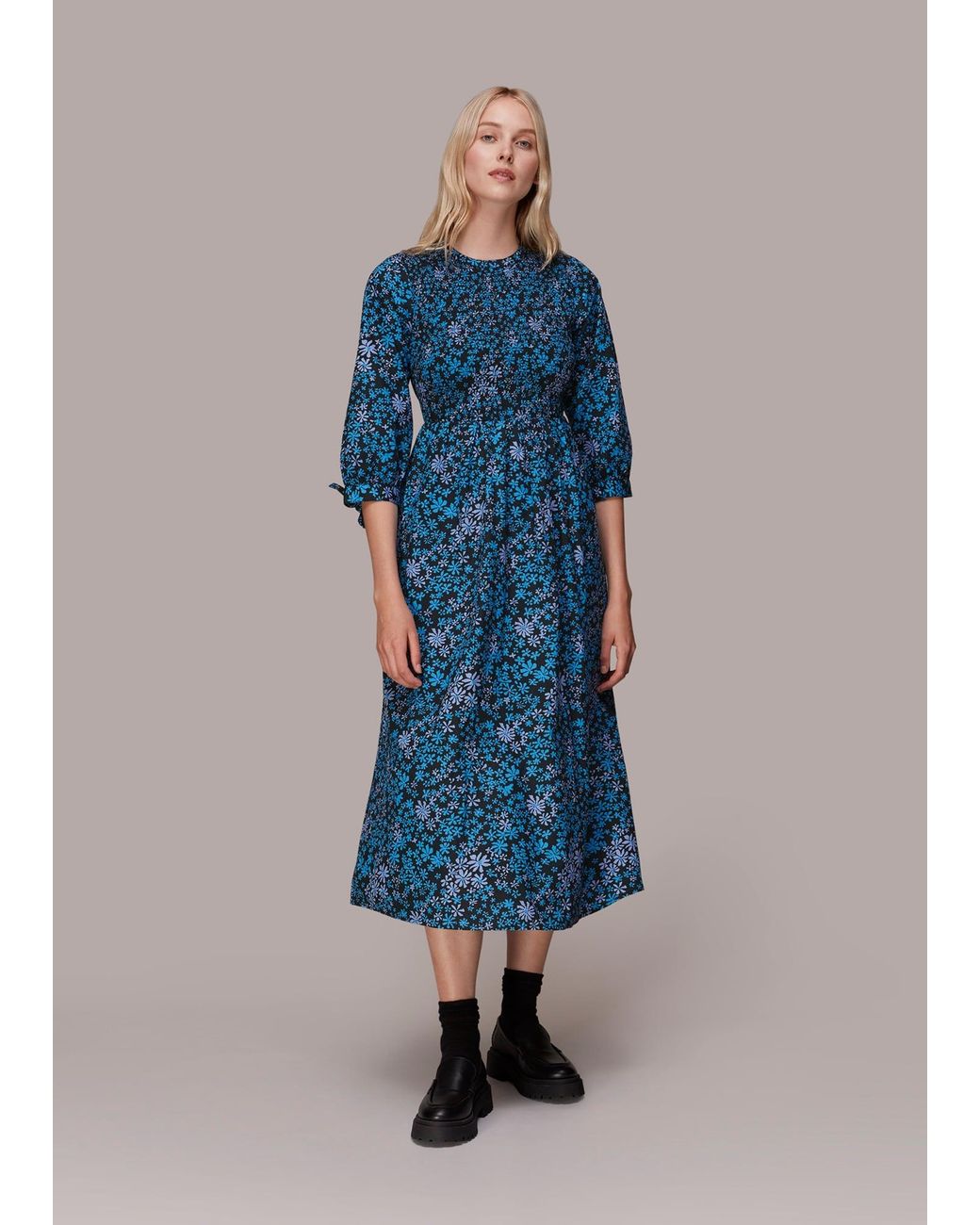 Whistles Blue Boho Floral Shirred Dress