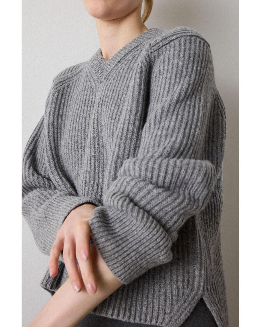 Whistles Gray Wool Chunky V Neck Rib Knit